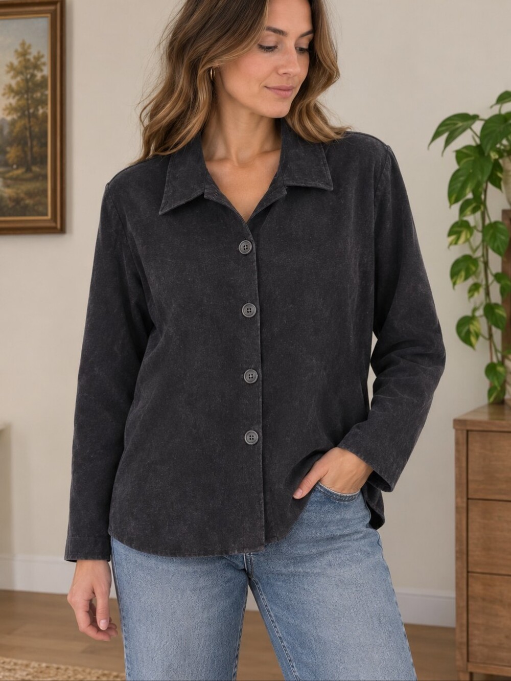 East West Fashions Black Button Up Faux Suade Sz Large